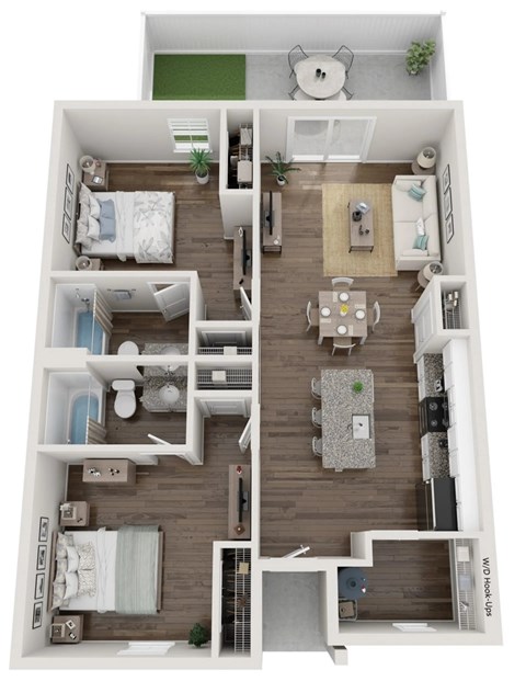 Floor plan for 2 beds, 2 baths, 1020 sqft